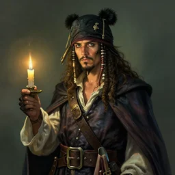 a male pirate wearing a black sleeping cap with a puffball, holding a candle, wearing a flowing cape, portrait, d & d, science fiction, concept art, matte, sharp focus, illustration, concept art, jason chan, dan luvisi, karl thiart, uhd, 4 k, very detailed