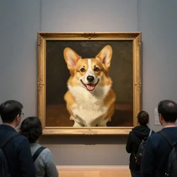 picture of a painting in a museum depicting a very happy corgi in the style of rembrandt, real picture, wide shot, people obstructing view