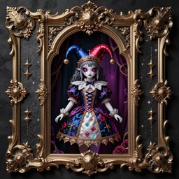 baroque bedazzled gothic royalty frames surrounding a pixelsort emo demonic horrorcore japanese beautiful jester decora doll, low quality sharpened graphics, remastered chromatic aberration