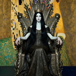 a beautiful black haired woman with pale skin and a crown on her head sitted on an intricate metal throne in the style dustin yellin, of yoshitaka amano, ljuba popovic, miles johnston, agnes pelton, moebius, salmon khoshroo, lee griggs, timothy von rueden, odilon redon, miles johnston, klimt, mo