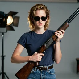The Terminator (1984) movie poster emma watson wearing sunglasses holding a shotgun model photoshoot f/1.4 14mm