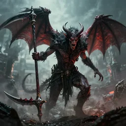 buff demon with scythe, bringer of doom and despair, epic composition, epic splashart, cinematic, wideshot, wrath, color palette of anger, depth of field, by greg rutkowski, peter mohrbacher, craig mullins. letterbox. film