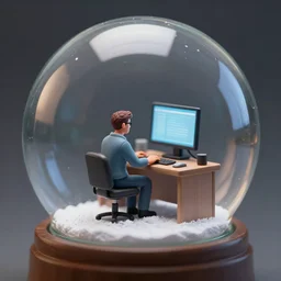 tiny realistic proportioned man sitting down at his computer desk inside a snow globe, octane, hyper detailed, trending on deviantart, sharp focus, photography, trending on artstation, photorealistic, unreal engine