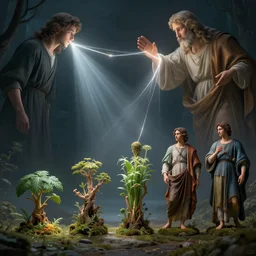 main steps of evolution of life toward man, shown in line, under supervision of the looking lord, lord connects using a wire made of light, picture, raytracing, dreamy, sharp focus, cinematic lighting, highly detailed, artstation, divine, by gauthier leblanc, kazuya takahashi, huifeng huang, michael angelo