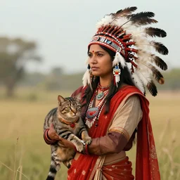 aaa game art of an indian women wearing sari with native american indian feather bonnets and holding a war cat