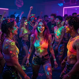 a beautiful cinematic dramatic scene from edm ecstasy lsd indoor illegal rave and everyone covered in fluorescent paint, by marvel studios, octane render, rtx reflections, unreal engine 5, trending on artstation, masterpiece, featured on pixiv, cinematic composition, beautiful lighting, intricate, hyper details, no frames