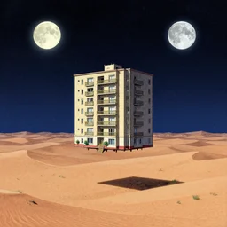 a single apartment building flying above a desert oasis in a moonlit night in the style of moebius and peter mohrbacher and jacek yerka