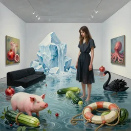 painting of a flooded modern art gallery and a tall emo girl holding a raspberry, art gallery interior, pig, lifebuoy, hemp ropes, courgette, waterfall, black lounge, sensual, organic, icebergs, pomegranates, octopus, zen, black swans, courgettes, berries, surrealist, by magritte and monet