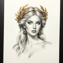 tattoo sketch of blonde super model aphrodite greek goddess wearing a gold laurel wreath and triangle earrings, beautiful piercing gaze with sharp pupils, in the style of greg rutkowski, fantasy, amazing detail, epic, elegant, smooth, sharp focus, front view