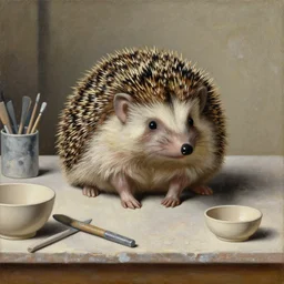 painting of a confused hedgehog on a table in a ceramic workshop, surrounded by ceramicists tools and unfinished bowls, oil painting, northern renaissance art, oil on canvas, wet - on - wet technique, realistic, intricate textures, illusionistic detail