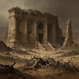 epic professional digital art of ancient eroded dry thorny vine covered desert ruins, faint moody atmospheric lighting, painted, intricate, detailed, detailed, foreboding, by leesha hannigan, wayne haag, reyna rochin, ignacio fernandez rios, mark ryden, iris van herpen,, epic, stunning, gorgeous, cinematic