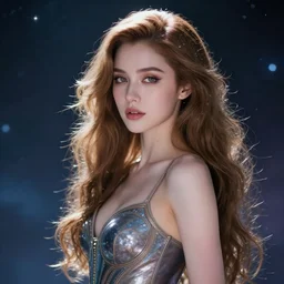 amouranth as a tempting celestial by john berkey, rule of thirds, seductive look, beautiful, in intergalactic hq
