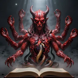 lord loss, king of hell, book portrait, he has having pale red, lumpy skin, eight arms. he has no heart and instead has an open hole in his chest filled with deadly venomous snakes. he has very dark - red eyes with even darker red pupils. symmetric lights and fog, in the style of zdzislaw beksinski, glowing light and shadow, hyperrealist, 8 k