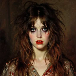 a beautiful but sinister girl who looks like a young shirley henderson in dead space, with haunted eyes and crazy hair, 1 9 7 0 s, seventies, delicate embellishments, a little blood, crimson, painterly, offset printing technique, by jules bastien - lepage