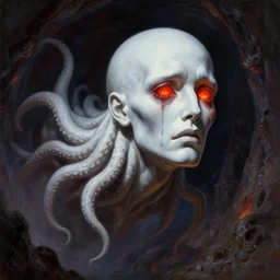 painting by wayne barlowe of a flying sorrowful looking severed human head with tears running down it's eyes, face that is chalk white in color, with long sprawling white tentacles stemming down it's neck, fiery scorching red eyes, flying in a terrying hellish dark cavernous place, hd, 4 k, highly detailed, intricate