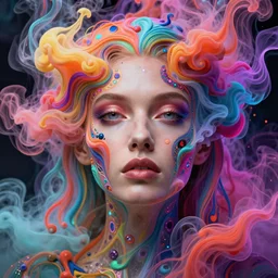 a beautiful woman engulfed in colorful liquid smoke and neon clouds, a colorful psychedelic experience, dmt, lsd, face, delicate, highly detailed, artstation, concept art, smooth, sharp focus, illustration, digital art by hana yata, and artem demura and beeple, alphonse mucha, lisa frank, artgerm, octane render, unreal engine, 8 k, glitch art