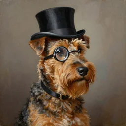beautiful painting of an Irish terrier wearing a monocle and a top hat, oil painting, majestic