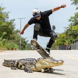 alligator, skateboarding like a pro, still, doing a kick flip trick, wearing sun glasses and a backwards baseball cap