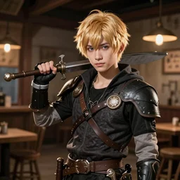An epic fantasy comic book style portrait painting of a young blonde boy thief in a tavern, unreal 5, DAZ, hyperrealistic, octane render, cosplay, RPG portrait, dynamic lighting