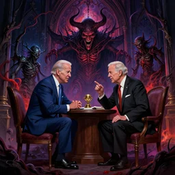 Joe Biden's final battle with Mitch McConnell at the end of the universe, Evil, chaos, ornate, horror, detailed, bloodborne, colorful