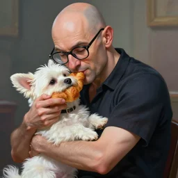 friendly bald french man wearing glasses hugging a small white dog while eating a croissant, fantasy, high detail, elegant, digital painting, cinematic lighting, vibrant, intricate, textured skin, highly detailed, artstation, sharp, focus, hdr, unreal engine 5, breathtaking, illustration, anna dittmann, ilya kuvshinov, nikolay makovsky