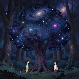 tree made out of galaxy and stars, maximalist otherworldly forest animal, trending on pixiv fanbox, painted by makoto shinkai takashi takeuchi studio ghibli, akihiko yoshida, yoshitaka amano, wangechi mutu, clean cel shaded vector art, illustration, hd, 8 k