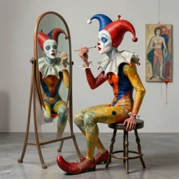 portrait of a morphed harlequin sitting on a stool looking into a mirror doing makeup by james jean and luc tuymans and beeple and hernan bas and pat steir and hilma af klint, psychological, 3 d, dripping paint, high quality render, masterpiece