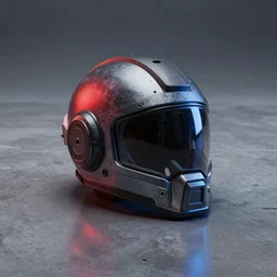 titanfall 2 pilot helmet placed on concrete surface, red and blue reflections, concept art, soft lighting, high detail, professional photography, 8K render