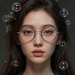 hyperrealistic mixed media image of random magic of woman with metal round glasses, bubbles in hair, stunning 3 d render inspired art by greg rutkowski and xiang duan and audrey kawasaki, perfect facial symmetry, flesh texture, realistic, highly detailed attributes and atmosphere, dim volumetric cinematic lighting, 8 k octane detailed render, post - processing, masterpiece,
