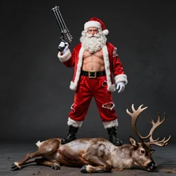 photo of a ripped shirtless santa claus holding a large gun and standing on top of a dead reindeer
