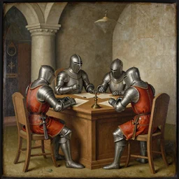 medieval art of knights working at a office