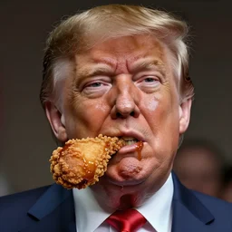 Donald Trump with skin like kentucky fried chicken, brown gravy leaking from the corners of his mouth, gross, disgusting, greasy, photorealistic, 8k hyper detailed, high detail, rendering by octane