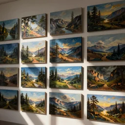 Thousands of beautiful paintings hanging on a wall, high-quality photograph