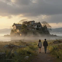 walking around dilapidated!! abandoned ikeshima island, nagasaki, japan. volumetric lighting, foggy, spring evening, dark overcast weather, realistic illustration, perfectly shaded, ( golden hour ) soft painting, art by krenz cushart and wenjun lin