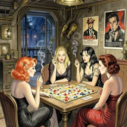 women in the interior of a steampunk apartment, Milo Manara, night time, Margot Robbie, Scarlett Johanson, zoey Deschannel, smoking cigarettes, playing board games, highly detailed, pencil and watercolor, Tarantino movie posters, melancholy, level design, concept art, artstation, cgsociety, zenith view