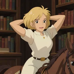 animation still frame of an attractive female horserider ( short blonde hair ) in an awesome pose, high angle closeup portrait, blurry background of the library, disney, pixar, bloom, medium shot, dramatic lighting, in the style of studio ghibli, j. c. leyendecker, greg rutkowski, artgerm