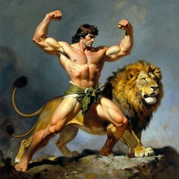 a picture of tarzan fighting a lion, by frank frazetta