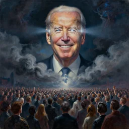 abstract painting of giant Joe Biden smiling emperor of the world emerging in dark clouds, immense crowd of people, cosmic horror , trending on ArtStation, masterpiece, by Greg Rutkowski, by Ross Tran, by Fenghua Zhong, octane, lightbeam eyes, soft render, clear facial features, oil on canvas, moody lighting, cinematic, professional environment concept art