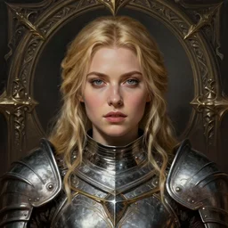 head-on centered symmetrical painted portrait, Elisha Cuthbert as a paladin, blonde hair, ornate steel armour, dramatic lighting, intricate, fantasy, intricate, elegant, highly detailed, digital painting, smooth, sharp focus, illustration, dramatic lighting, artstation, in the style of Artgerm and Anna Podedworna