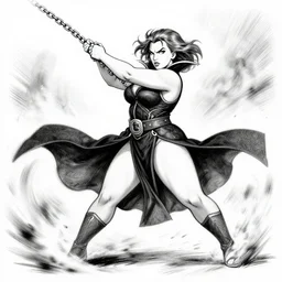 full body profile, symmetrical plus size scarlett johansson as a vampire swinging chains, action scene, movement effects, motion blur, afro samurai anime style, black and white, pencil and ink