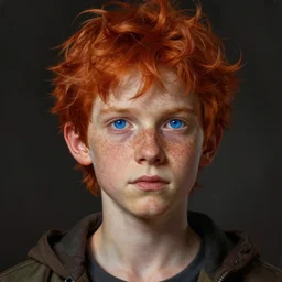 a striking hyper real portrait painting of tall, thin, 1 5 - year - old boy with a long nose, a lot of freckles, fiery red hair, and bright blue eyes, 4 k, 8 k, apex legends concept art, d & d concept art, unreal 5, daz, hyperrealistic, octane render, cosplay, rpg portrait, dynamic lighting