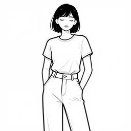 portrait of a girl in long pants and a top, hands in pockets, eyes closed, bob haircut, digital art, black and white, lineart by bakartstudio 7