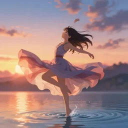 A girl dancing on water, evokes feelings of joy, beautiful flowing fabric, sunset, dramatic angle, realistic and detailed, by studio trigger, pixiv dslr photo by Makoto Shinkai rossdraws and Wojtek Fus