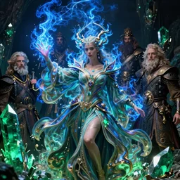 the female arcanist and the male artificer by ferdinand knab and roger dean and brom and zdzisław beksinski and greg staples and louis janmot, beautiful, flowing magical robe, highly detailed, hyperrealistic, intricate, energy, electric, blue flame, low light, green crystal, high contrast, submissive, lifelike