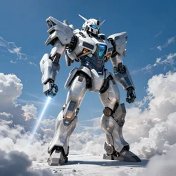 armored core v by liam wong, john carpenter, long - shot, full body, blue sky, cloud, white ground, laser beam, dramatic lighting, cinematic establishing shot, extremely high detail, photorealistic, cinematic lighting, octane render,