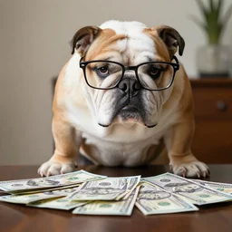 english bulldog in tuxedo and glasses at table with pile of money, 8 k, realistic, focus