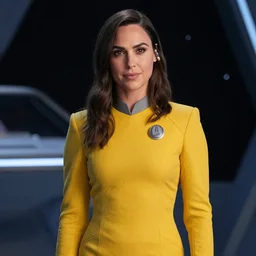 Gal Gadot, wearing yellow, is the captain of the starship Enterprise in the new Star Trek movie