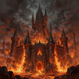 A fantasy evil citadel with lava and smoke and fire beautiful matte painting, Moebius, james gurney, thomas kinkade, rodney mathews, trending on artstation