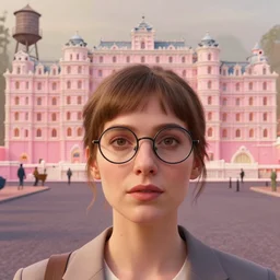 cinematic mid shot of a high detail, woman's face looking off camera, with round glasses. fine facial features. she stands in an empty, pastel colourful 3 d, street scene with water tower, by jeffrey smart and gregory crewdson and edward hopper, inspired by the grand budapest hotel