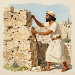 40 year old Mediterranean skinned man in ancient Canaanite clothing building a broken wall in Jerusalem, layered paper illustrated 2022